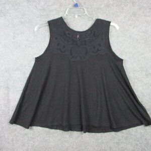 Free People Swing Tank Top Women Small Black Linen Blend Lace Inset Sleeveless